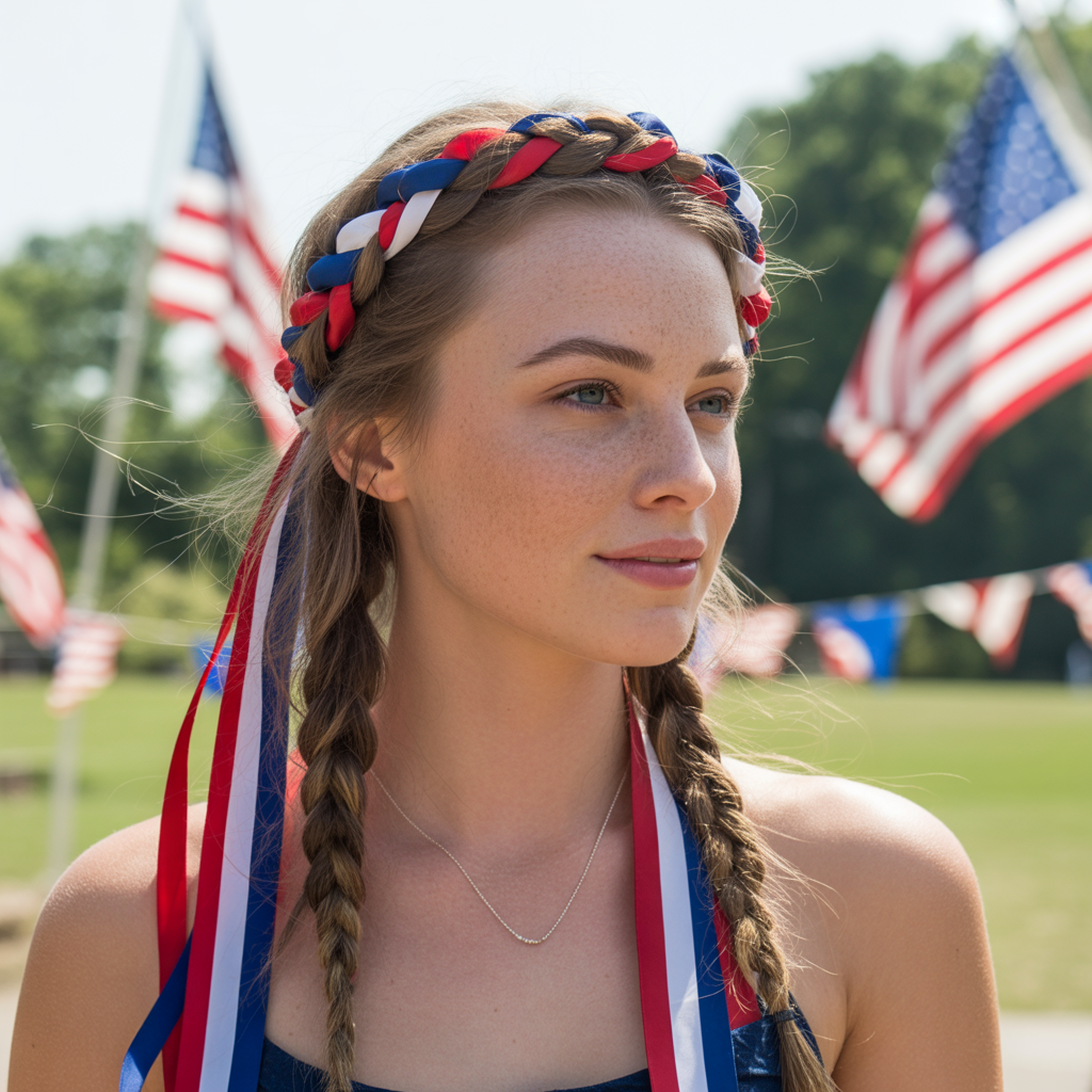 Braided Crown with Red, White, and Blue Ribbons