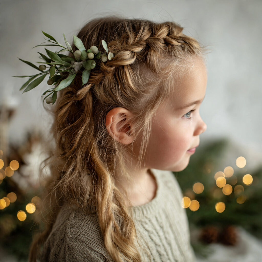 28 Best Christmas Hairstyles for Kids Ideas 22 Mistletoe Half-Up Braid Idea
