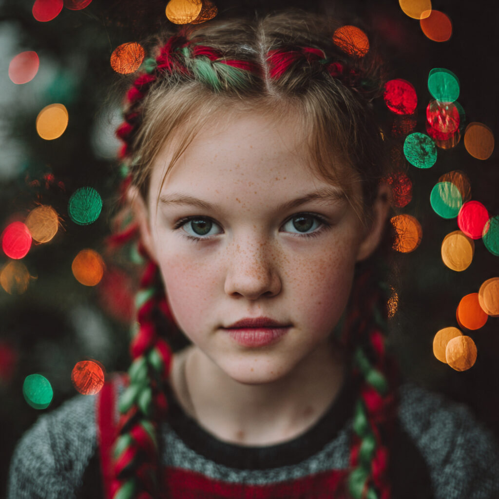 28 Best Christmas Hairstyles for Kids Ideas 26 Red and Green Accent Braids Idea