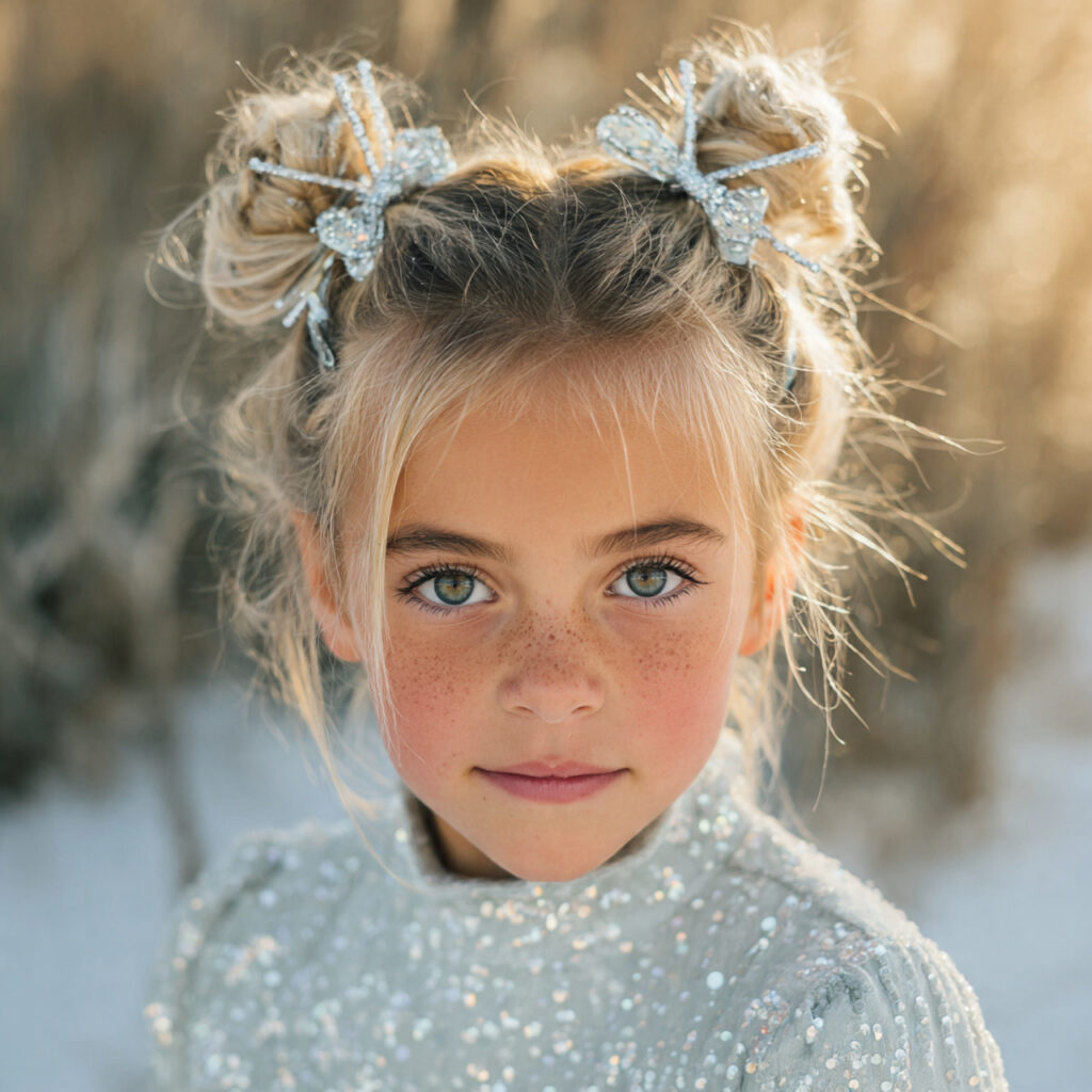 28 Best Christmas Hairstyles for Kids Ideas 24 Winter Sparkle Top Knot Idea
