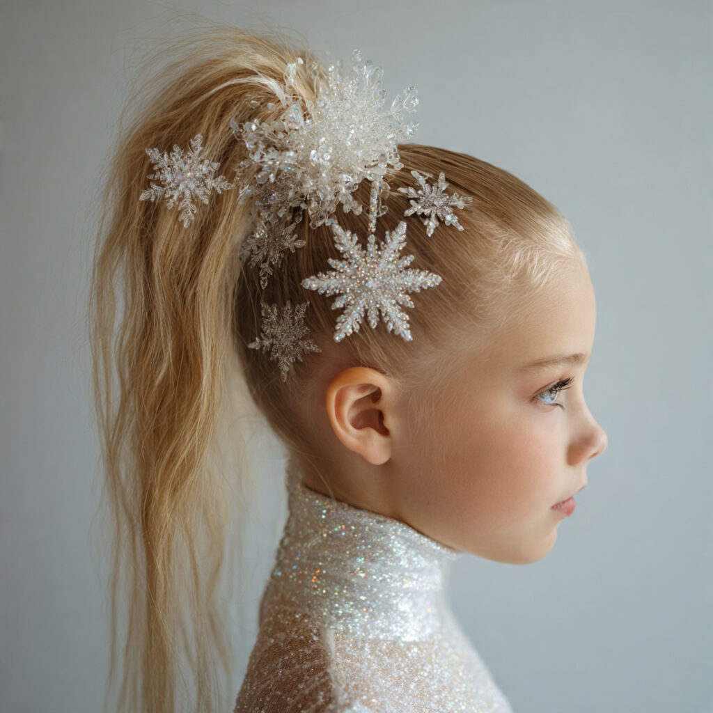 28 Best Christmas Hairstyles for Kids Ideas 2 Sparkly Snowflake Ponytail Idea