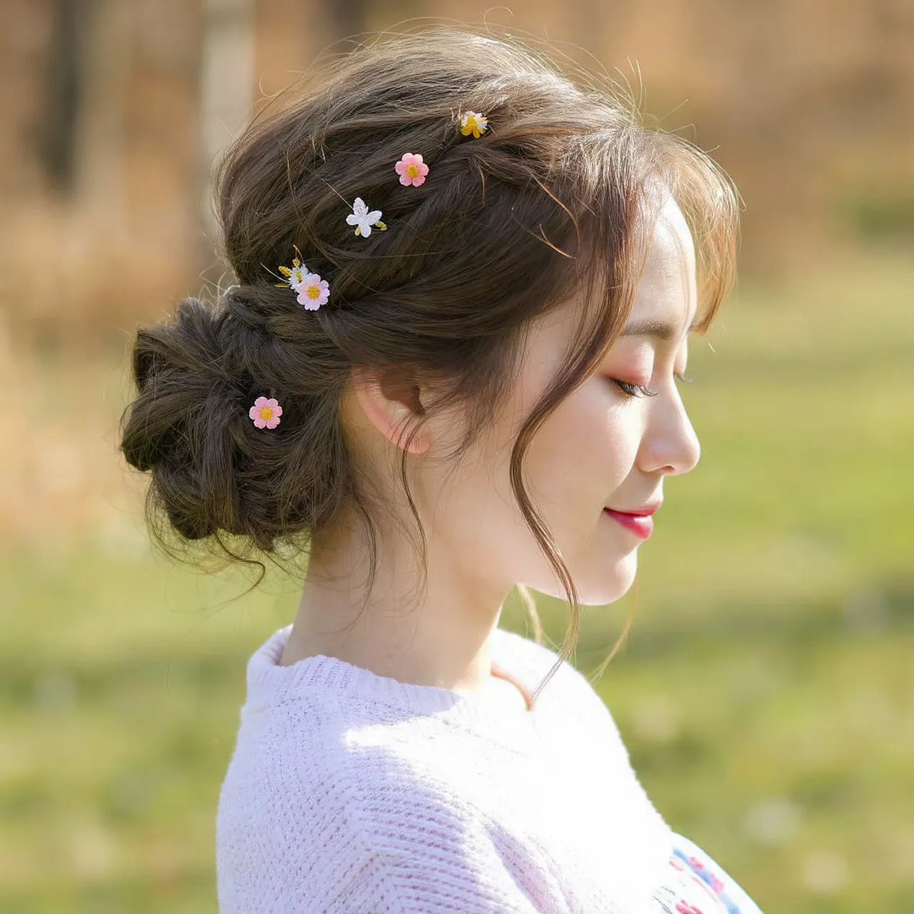25 Cute Hairstyles for Easter Ideas to Brighten Your Spring Celebration 10 Low Messy Bun with Spring Accessories Ideas