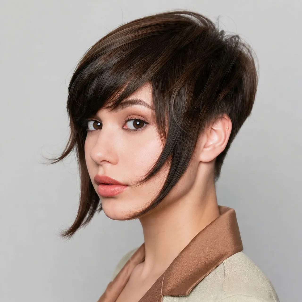 Long Bangs Pixie Haircut Idea for Round Faces